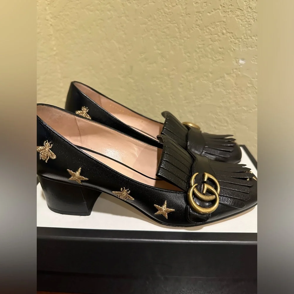Gucci Black Leather Fringe Pumps with Gold Double G Accents